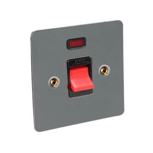 Picture of CED 45amp Double Pole Switch with Neon Square Single Plate Black Nickel Black Inserts