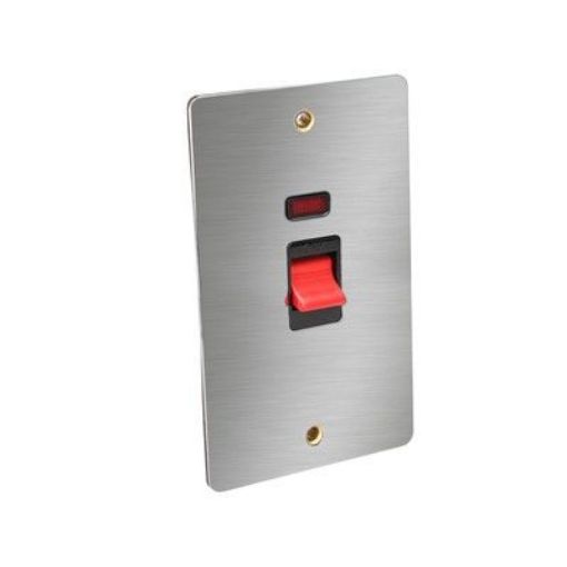 Picture of CED 45amp Double Pole Switch with Neon (2 Gang Plate) Satin Chrome Black Inserts