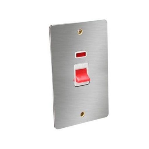 Picture of CED 45amp Double Pole Switch with Neon (2 Gang Plate) Satin Chrome White Inserts