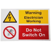 Picture of Industrial Signs Label Do Not Switch On Electrician Work Rigid PVC Pack of 1 150x225mm Yellow/Black on White | IS1301RP