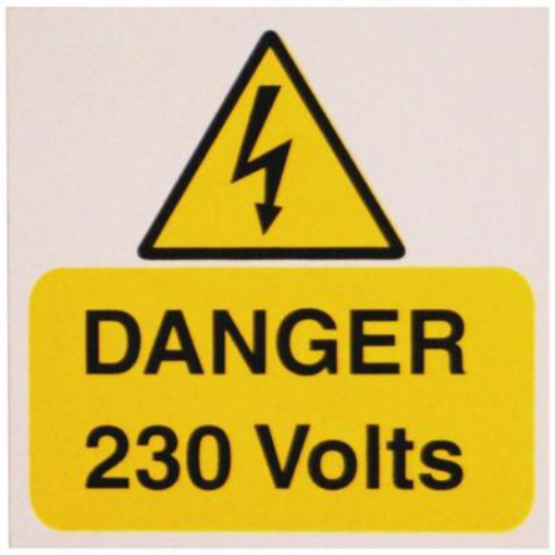 Picture of Industrial Signs Label Danger 230 Volts Self Adhesive Rigid PVC Pack of 5 75x75mm Yellow/Black on White | IS1705RP