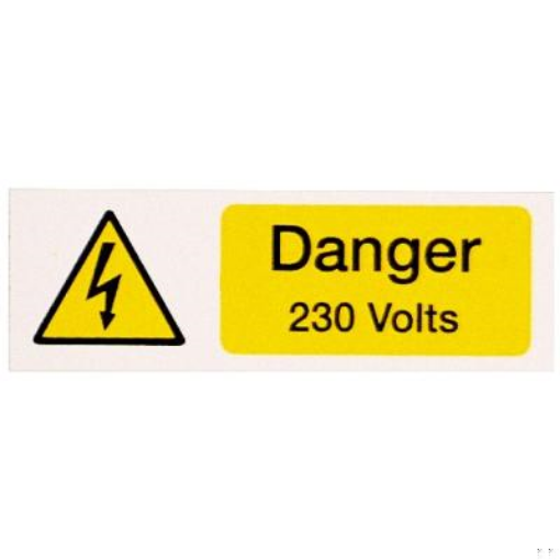 Picture of Industrial Signs Label Danger 230 Volts Self Adhesive Rigid PVC Pack of 5 75x25mm Yellow/Black on White | IS1805RP