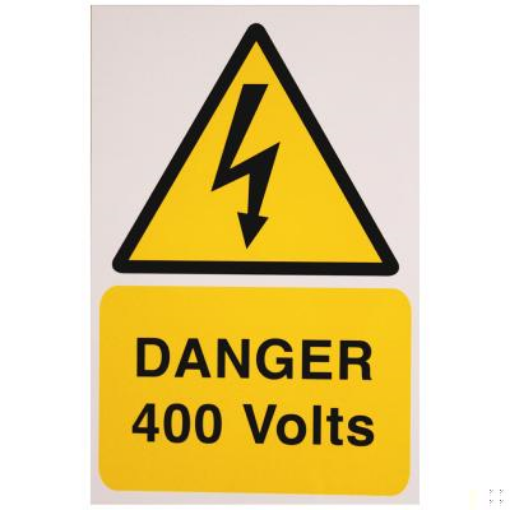 Picture of Industrial Signs Label Danger 400 Volts Self Adhesive Rigid PVC Pack of 1 150x225mm Yellow/Black on White | IS5101RP