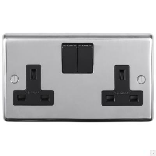 Picture of Eurolite Socket 2 Gang DP Switched Black Insert 13A 146x86x7mm Polished Stainless Steel | PSS2SOB