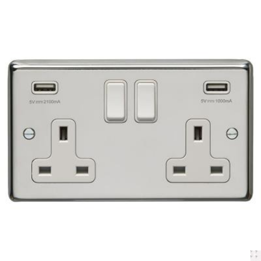 Picture of Eurolite Socket 2 Gang Switched with 3.1 USB Outlet White Rocker 13A Polished Stainless Steel | PSS2USBW