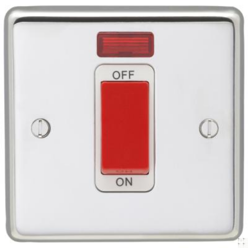 Picture of Eurolite Cooker Control Switch 1 Gang DP with Neon Red White Insert 45A 86x86x7mm Polished Stainless Steel | PSS45ASWNSW