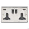 Picture of Eurolite Socket 2 Gang Switched with 3.1A USB Outlet Black Rocker 13A Satin Stainless Steel | SSS2USBB