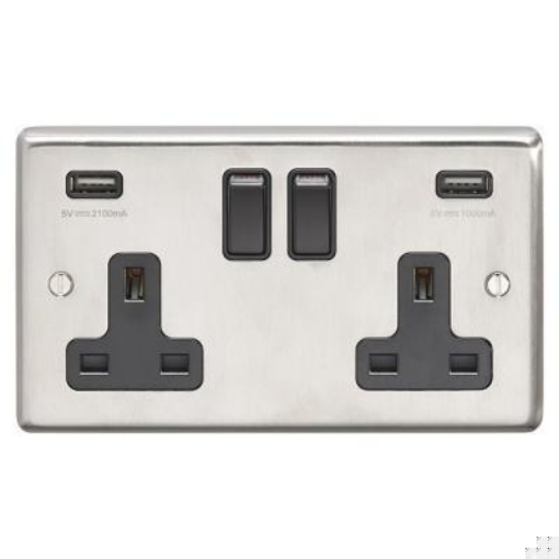 Picture of Eurolite Socket 2 Gang Switched with 3.1A USB Outlet Black Rocker 13A Satin Stainless Steel | SSS2USBB