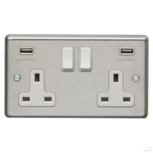 Picture of Eurolite Socket 2 Gang Switched with 3.1A USB Outlet White Rocker 13A Satin Stainless Steel | SSS2USBW