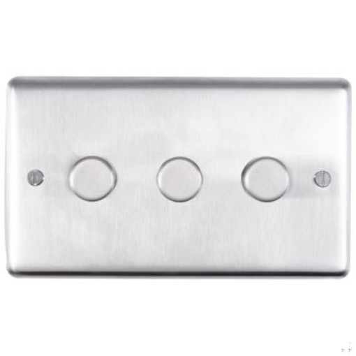 Picture of Eurolite Dimmer Switch LED 3 Gang 2 Way Push On Off Round Edge Matching Knob Satin Stainless Steel | SSS3DLED