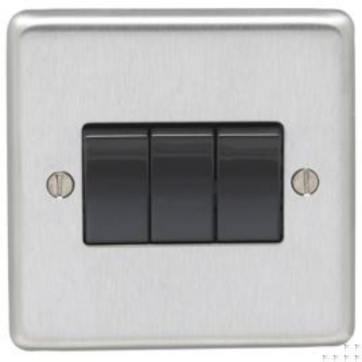 Picture of Eurolite Switch 3 Gang 2 Way Black Insert 10A 86x86x7mm Satin Stainless Steel | SSS3SWB