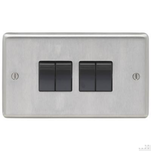 Picture of Eurolite Switch 4 Gang 2 Way Black Insert 10A 146x86x7mm Satin Stainless Steel | SSS4SWB