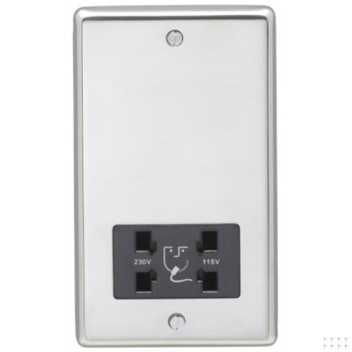 Picture of Eurolite Shaver Socket 2 Gang Dual Voltage Black Insert 86x146x7mm Polished Stainless Steel | PSSSHSB