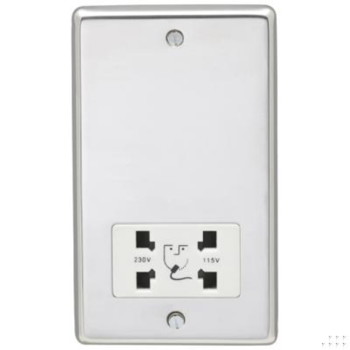 Picture of Eurolite Shaver Socket 2 Gang Dual Voltage White Insert 86x146x7mm Polished Stainless Steel | PSSSHSW