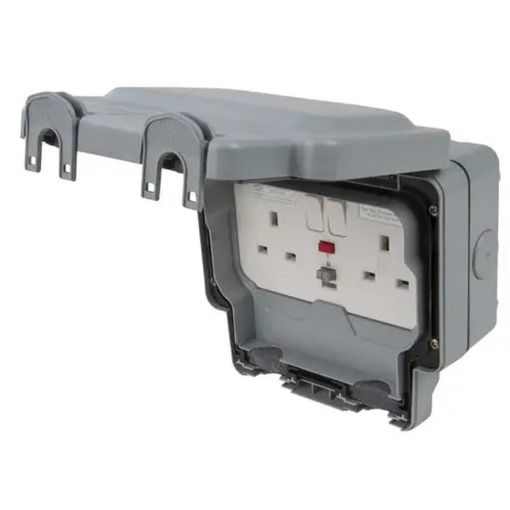 Picture of MK - Masterseal Plus 13A DP 2 Gang Passive RCD Switched Socket Weatherproof IP66 Grey