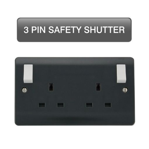 Picture of Click Part M 13A 2 Gang Double Pole Switched Safety Shutter Socket Outlet With Outboard Rockers Anthracite Grey